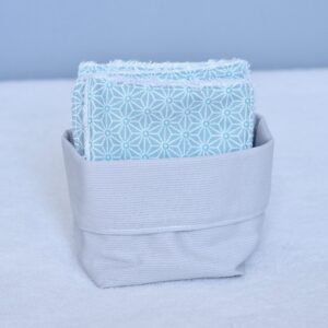lingettes lavables bambou turquoise panière grise